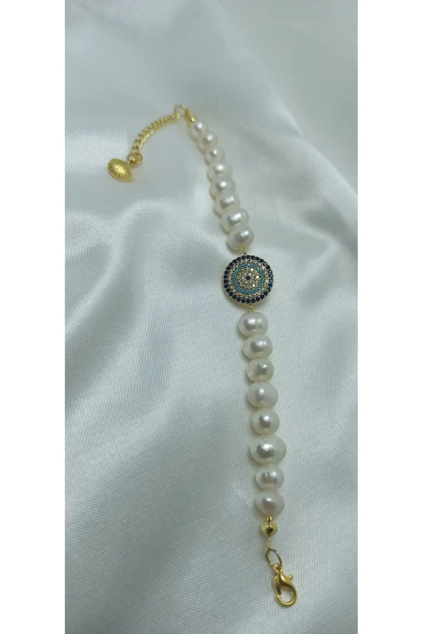 24k Altın Kaplama Gerçek İnci Büyük Zirkon Taşlı Nazar Detaylı Tasarım Bileklik - Resim 2