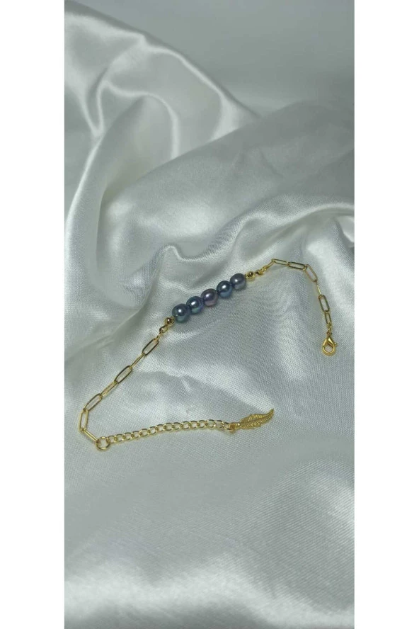 24k Altın Kaplama Gerçek Siyah İnci Kare Zincir Detaylı Tüy Uzatmalı Şık Bileklik - Resim 3