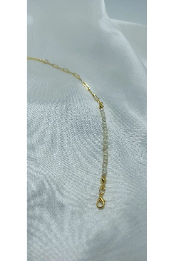 24k Altın Kaplama Gerçek Kum İnci(4mm) Kare Zincir detaylı Tasarım Bileklik ürün görseli