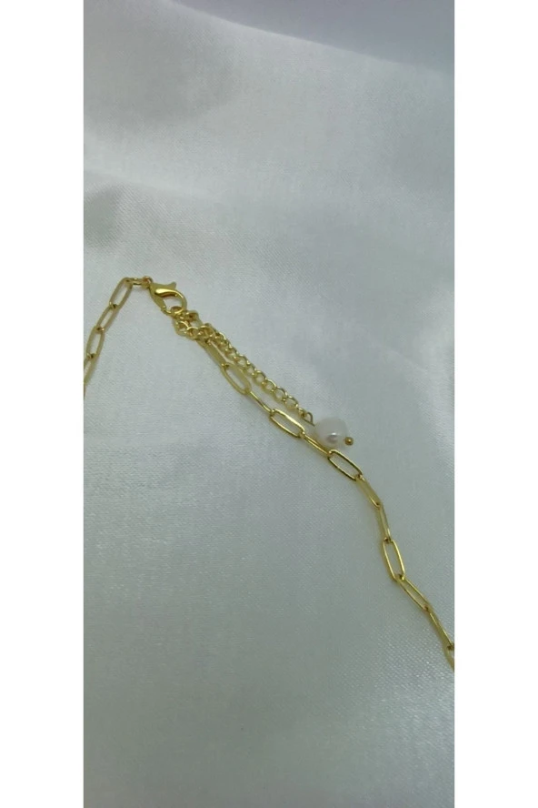 24K Altın Kaplama Gerçek İnci Kare Zincir ve Deniz Yıldızı Detaylı Tasarım Kolye - Resim 2