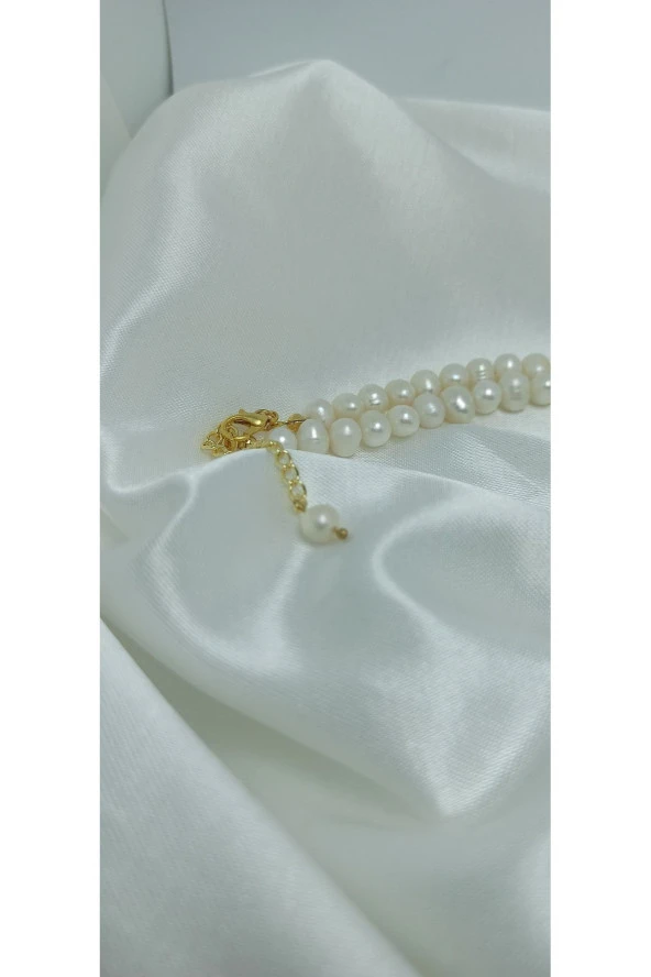 24K Altın Kaplama Gerçek İnci Zirkon Taşlı Tasarım Kolye - Resim 3