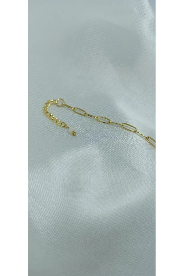 24k Altın Kaplama Gerçek Kum İnci(4mm) Kare Zincir detaylı Tasarım Bileklik - Resim 2