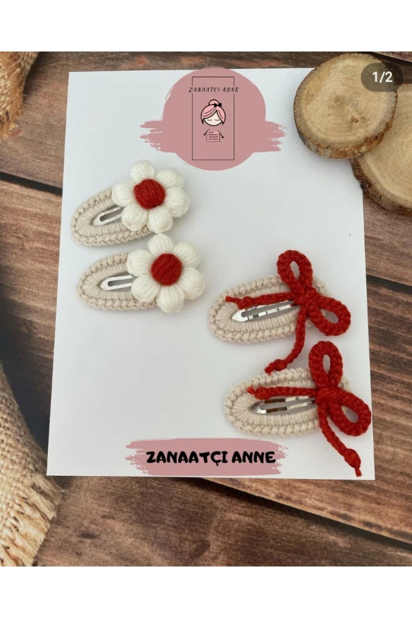 Amigurumi El Örgüsü 2'li Papatya Ve 2'li Fiyonk Çıt Çıtlı Toka Seti