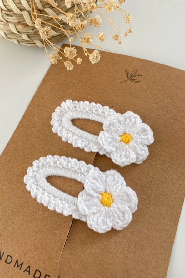 Beyaz Bebek Ve Çocuk Örgü Papatya 2'li Çıtçıt Toka Seti 6cm - 2