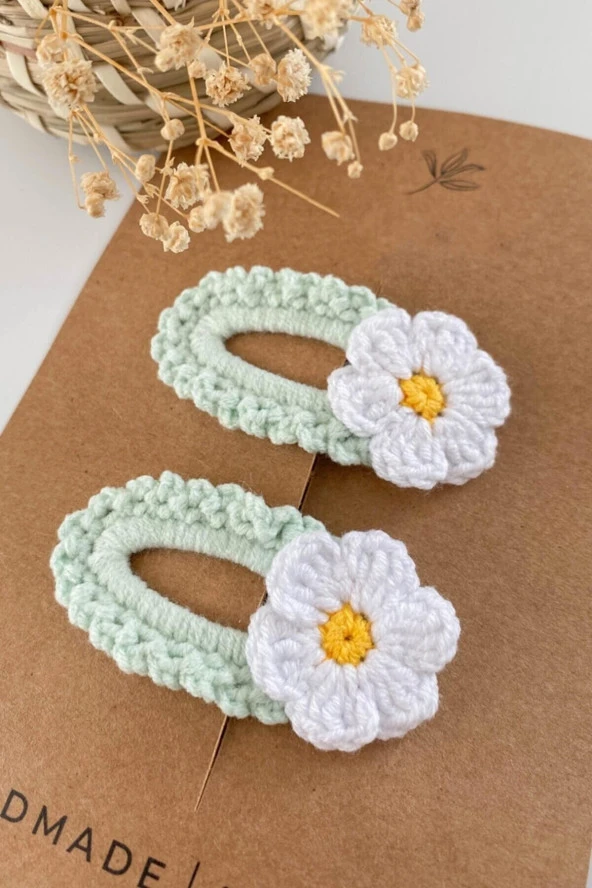 Su Yeşili Bebek Ve Çocuk Örgü Papatya 2'li Çıtçıt Toka Seti 6cm - 2