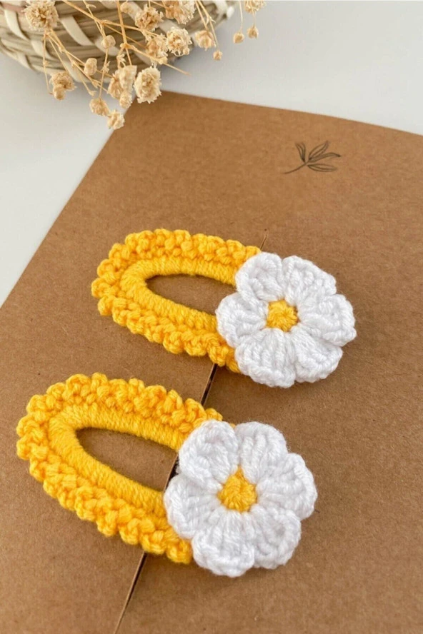 Sarı Bebek Ve Çocuk Örgü Papatya 2'li Çıtçıt Toka Seti 6cm - 2