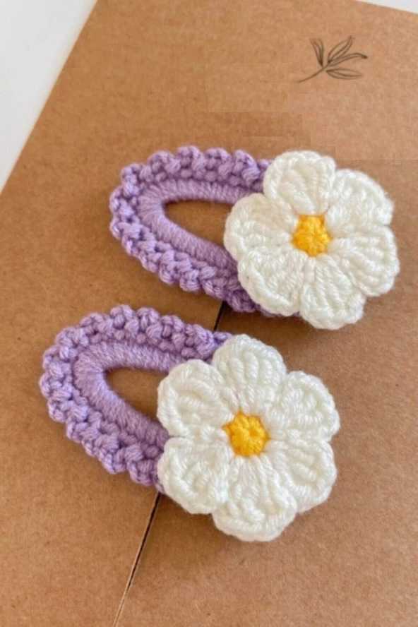 Lila Bebek Ve Çocuk Örgü Papatya 2'li Çıtçıt Toka Seti 6cm - 2