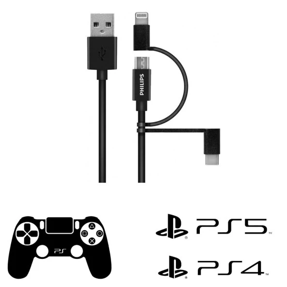 Philips Playstation 4 / 5 İle Uyumlu Joystick Şarj Kablosu MFİ Apple Lisanslı 3in1 Micro-Lightining-Type-C Hızlı Şarj ve Data Kablosu 1.2m Siyah DLC3104T