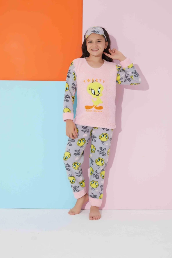 Kız Çocuk  Sarı Tweety Polar Pijama Takımı 0102