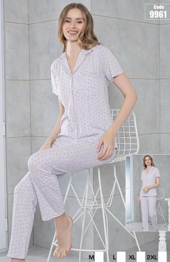 Kadın Düğmeli Kısa Kol Pijama Takımı 9961