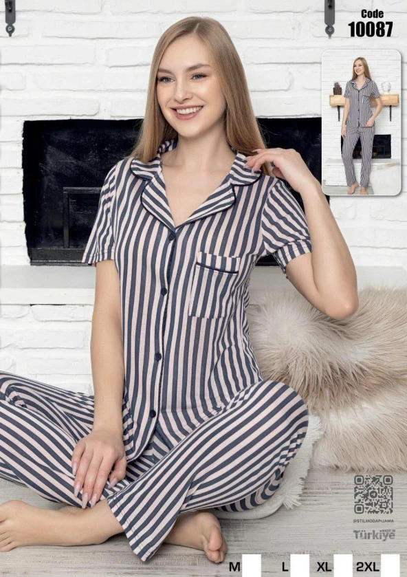 Kadın Kısa Kol Düğmeli Pijama Takımı 10087
