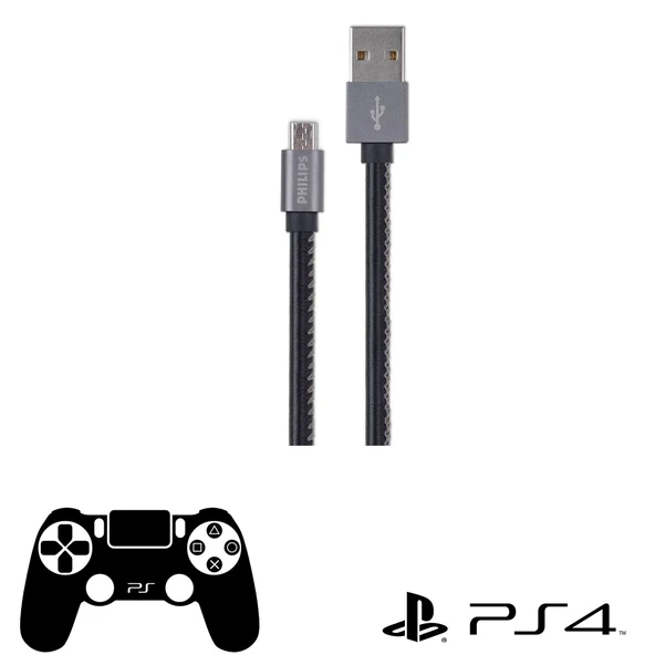 Philips Playstation 4 İle Uyumlu Joystick Şarj Kablosu 3A 60W UsbA to Micro Deri Kaplama Hızlı Şarj Kablosu DLC2518B/97 ürün görseli 1