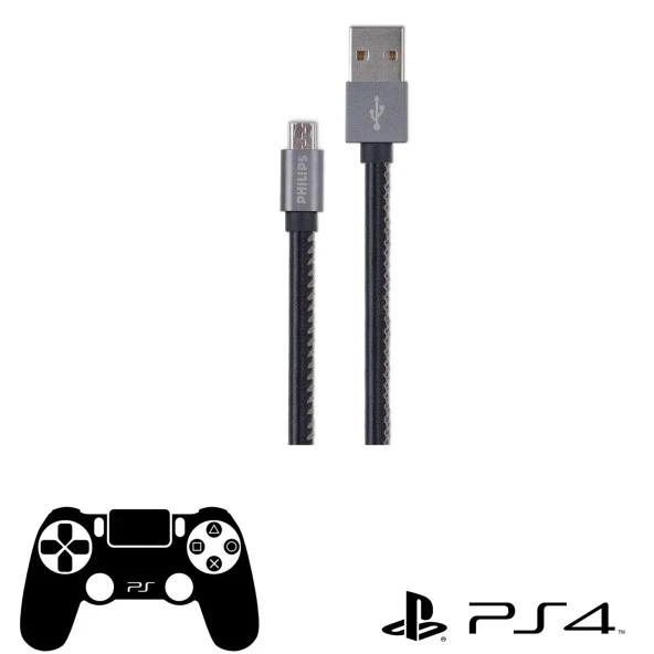 Philips Playstation 4 İle Uyumlu Joystick Şarj Kablosu 3A 60W UsbA to Micro Deri Kaplama Hızlı Şarj Data Kablosu DLC2518B/97