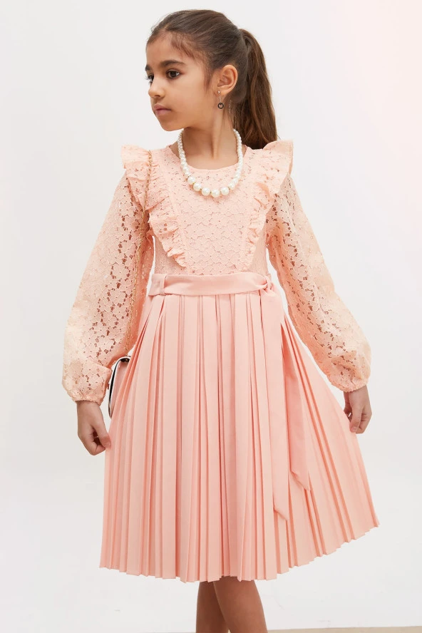 Somon Dantel Tüllü Kemerli Kız Çocuk Kolye ve Çantalı Elbise 18068