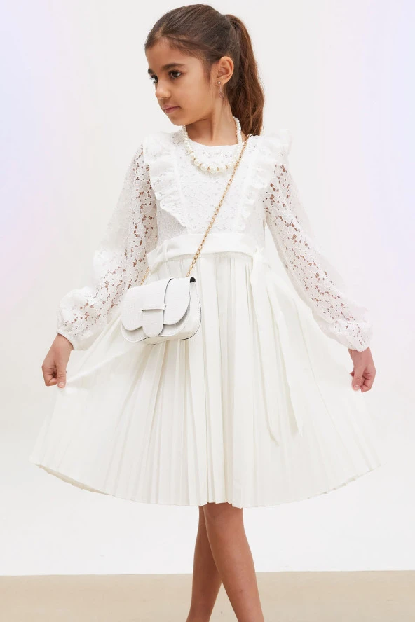 Beyaz Dantel Tüllü Kemerli Kız Çocuk Kolye ve Çantalı Elbise 18067