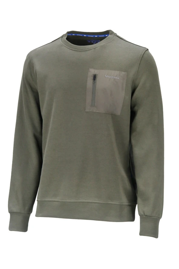 Erkek Standart Fit Bisiklet Yaka Cep Fermuarlı Haki Sweatshirt