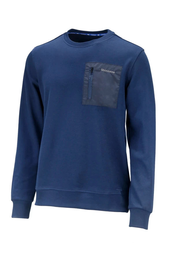 Erkek Standart Fit Bisiklet Yaka Cep Fermuarlı Lacivert Sweatshirt