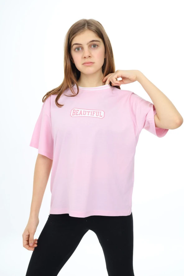 Toz Pembe Beautiful Yazılı Oversize Kız Tişört 17934