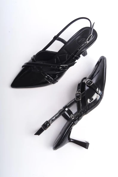 İkparS Mary Jane Siyah Rugan Çapraz İki Bantlı Stiletto Topuklu Ayakkabı ürün görseli 1