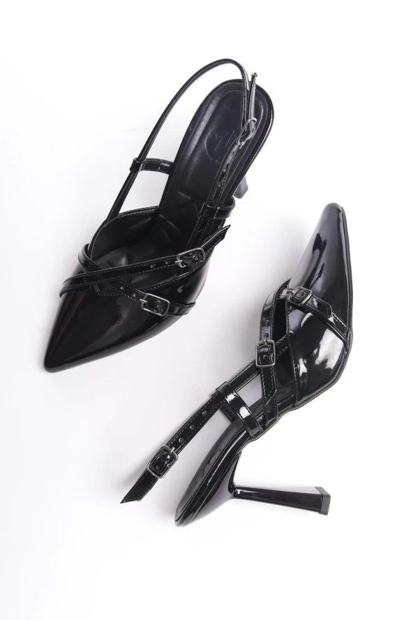 Modabuymus İkpar Mary Jane Siyah Rugan Çapraz İki Bantlı Stiletto Yüksek Topuklu Ayakkabı