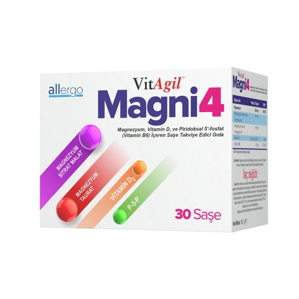 VitAgil Magni4 Magnezyum, Vitamin D3 ve Vitamin B6 İçeren 30 Saşe Takviye İçeren Gıda