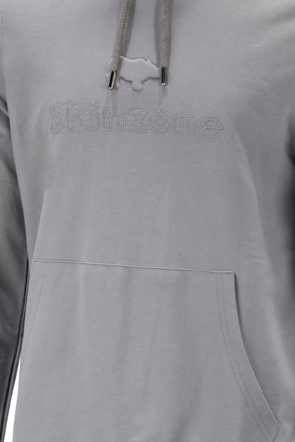 Erkek Standart Fit Kapüşonlu Baskılı Cepli Gri Sweatshirt - 3