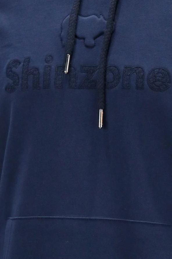 Erkek Standart Fit Kapüşonlu Baskılı Cepli Lacivert Sweatshirt - 3