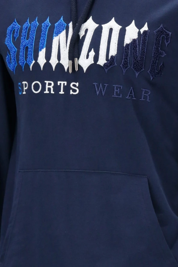 Erkek Standart Fit Kapüşonlu Kabartma Baskılı Lacivert Sweatshirt - Resim 3