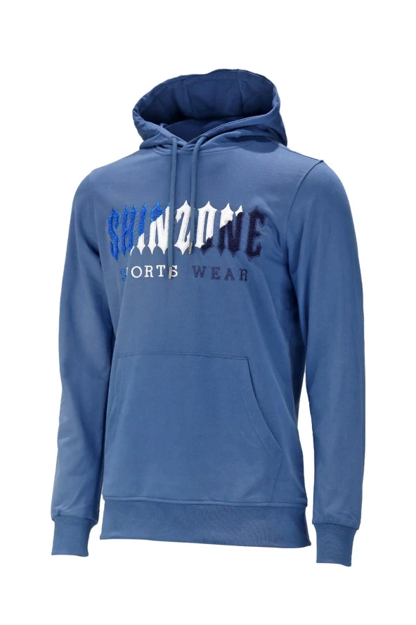 Erkek Standart Fit Kapüşonlu Kabartma Baskılı Mavi Sweatshirt