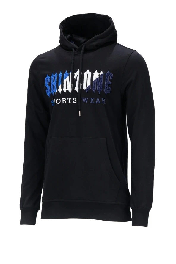 Erkek Standart Fit Kapüşonlu Kabartma Baskılı Siyah Sweatshirt ürün görseli