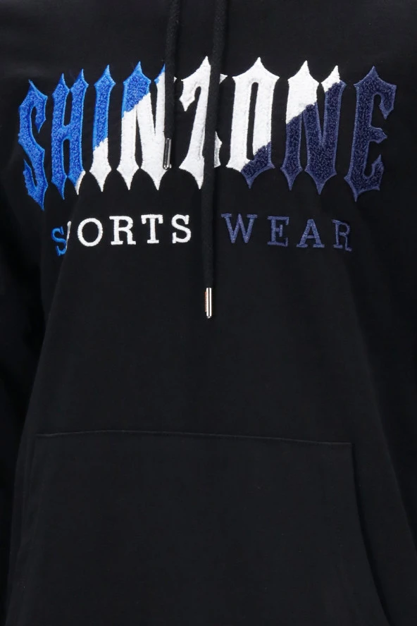 Erkek Standart Fit Kapüşonlu Kabartma Baskılı Siyah Sweatshirt - Resim 3