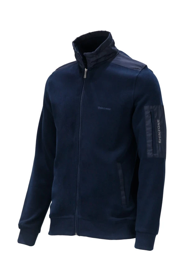 Erkek Standart Fit Kol Cepli Fermuarlı Lacivert Sweatshirt