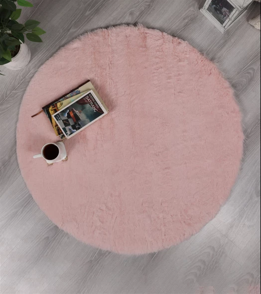 Dekoratif Tavşan Tüyü Ultra Yumuşak Peluş Yuvarlak Halı Pembe - 2