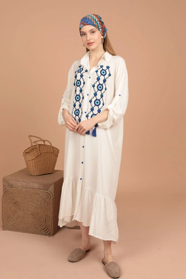 Önü Nazar Boncuk Nakışlı Geniş Kollu Gömlek Yakalı Viskon Kumaşlı Kadın Elbise Ekru Yaz / Bahar - 4