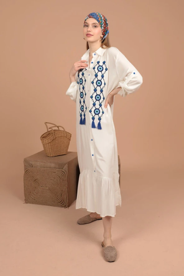 Önü Nazar Boncuk Nakışlı Geniş Kollu Gömlek Yakalı Viskon Kumaşlı Kadın Elbise Ekru Yaz / Bahar  - 5