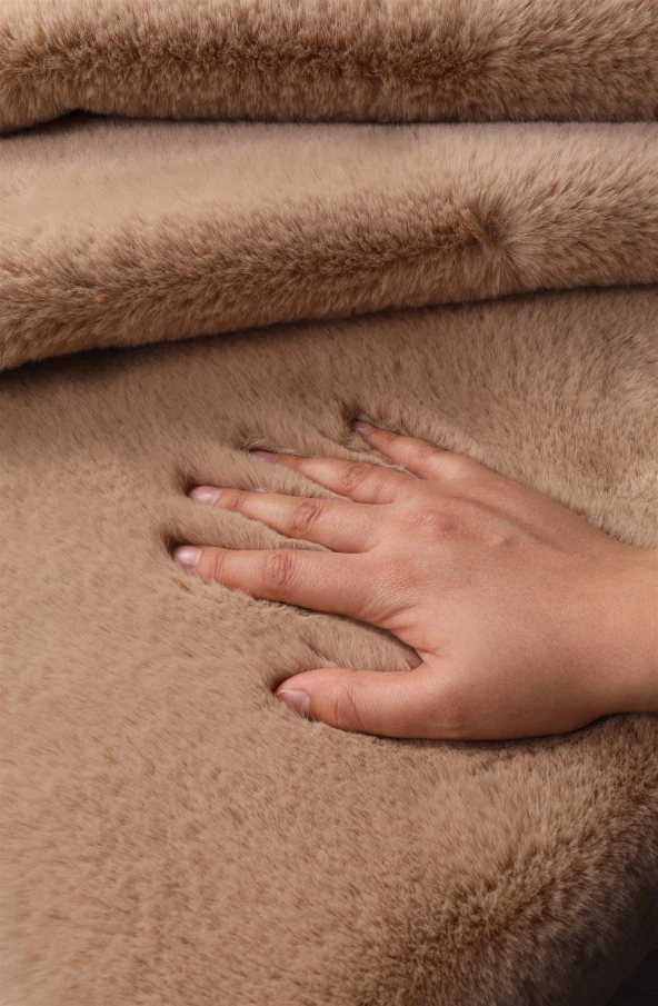 Dekoratif Tavşan Tüyü Ultra Yumuşak Peluş Yuvarlak Halı Camel - 3