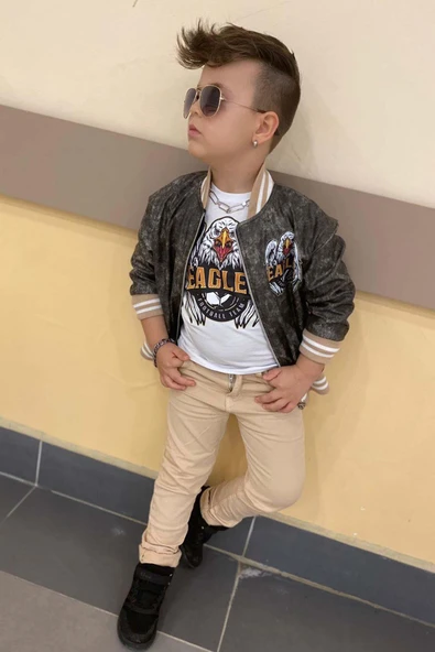 Erkek Çocuk Eagles Yazı ve Dijital Baskılı Bej Alt Üst Takım - Resim 11