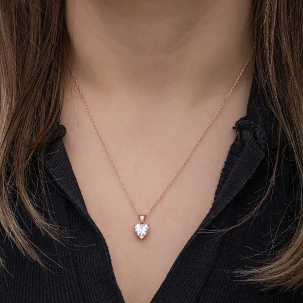 himarry 925 Ayar Gümüş Rose Beyaz Taşlı Kalpli Kadın Kolye - Resim 2