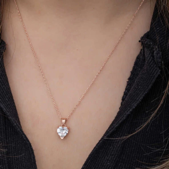himarry 925 Ayar Gümüş Rose Beyaz Taşlı Kalpli Kadın Kolye - Resim 3
