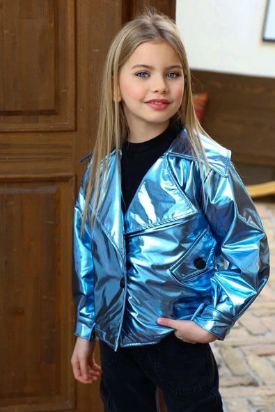 Kız Çocuk Parlak Ceket ve Jean Kargo Cepli Pantolon Mavi Alt Üst Takım - 11