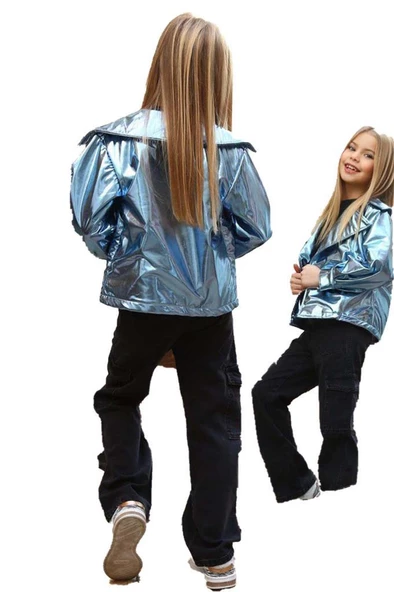 Kız Çocuk Parlak Ceket ve Jean Kargo Cepli Pantolon Mavi Alt Üst Takım - 3