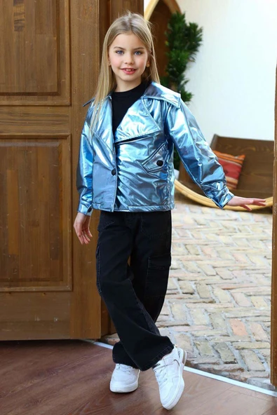 Kız Çocuk Parlak Ceket ve Jean Kargo Cepli Pantolon Mavi Alt Üst Takım - 10