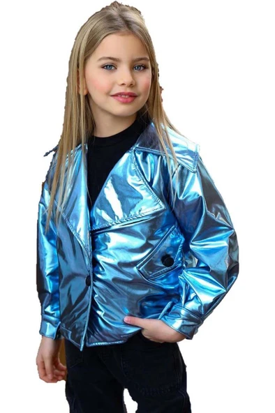 Kız Çocuk Parlak Ceket ve Jean Kargo Cepli Pantolon Mavi Alt Üst Takım - 5