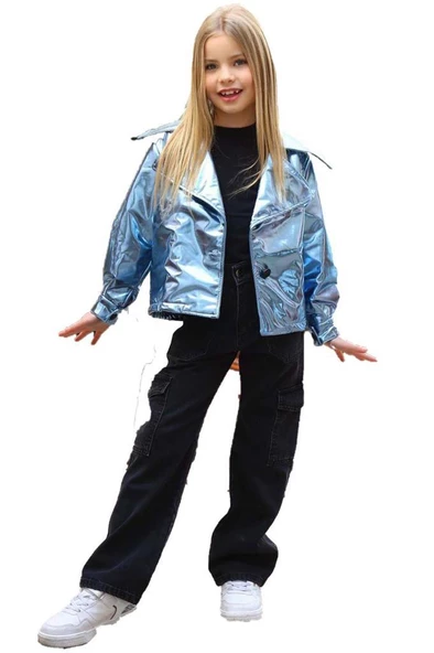 Kız Çocuk Parlak Ceket ve Jean Kargo Cepli Pantolon Mavi Alt Üst Takım - 2