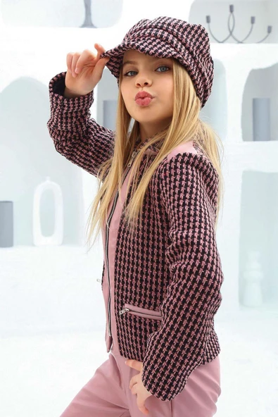 Kız Çocuk Şanel Kumaş Ceket ve Deri Pantolon Pembe Alt Üst Takım - 2