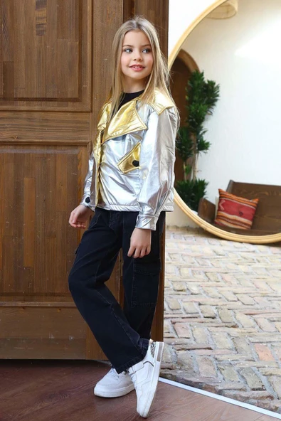 Kız Çocuk Parlak Ceket ve Jean Kargo Cepli Pantolon Gümüş Alt Üst Takım - 10