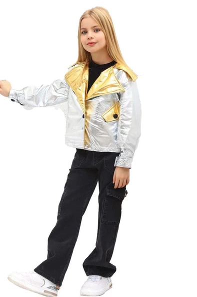 Kız Çocuk Parlak Ceket ve Jean Kargo Cepli Pantolon Gümüş Alt Üst Takım - 2