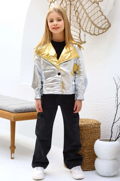 Kız Çocuk Parlak Ceket ve Jean Kargo Cepli Pantolon Gümüş Alt Üst Takım - 9
