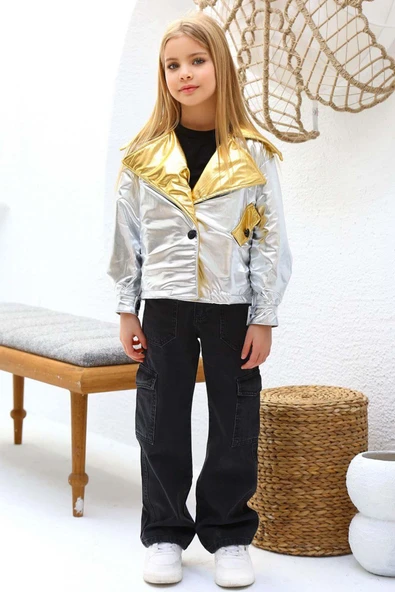Kız Çocuk Parlak Ceket ve Jean Kargo Cepli Pantolon Gümüş Alt Üst Takım - 5