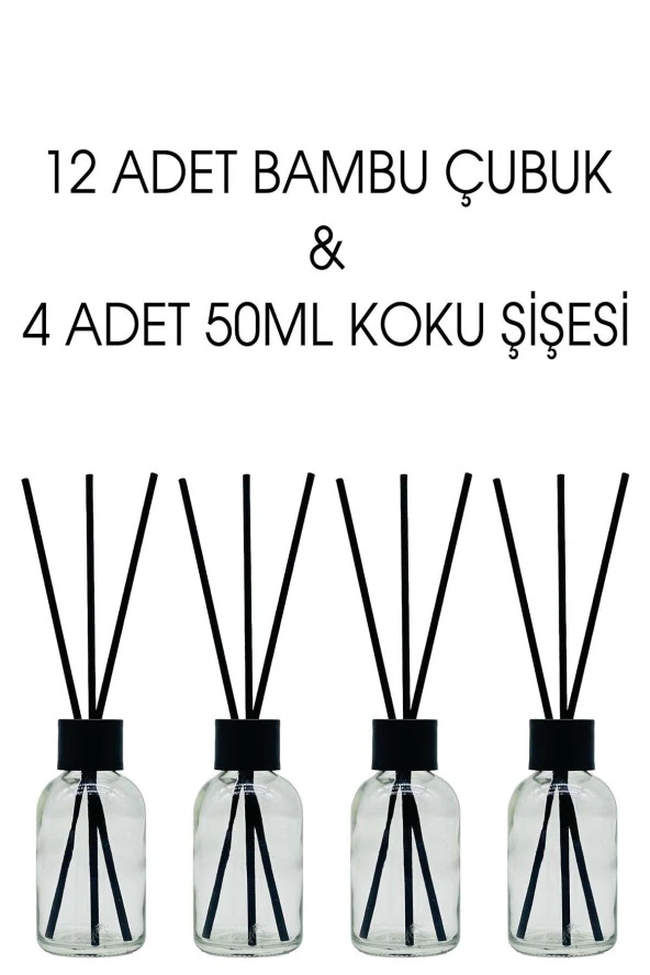 Cam Kavanoz Oda Kokusu Şişesi 50 ml + 12 adet Siyah Bambu Çubuk 20 cm